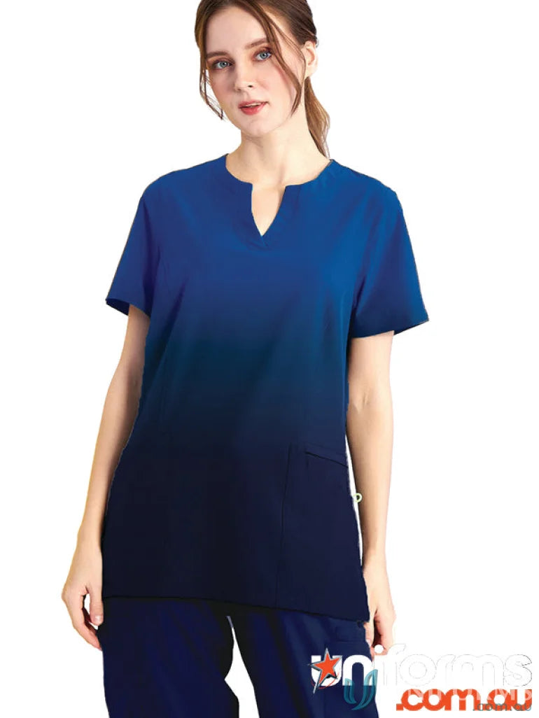 Blue twilight ombre print scrub top with waist zipper pocket for ladies
