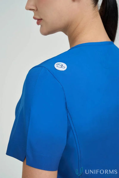 Blue twilight ombre print scrub top with waist zipper pocket for ladies