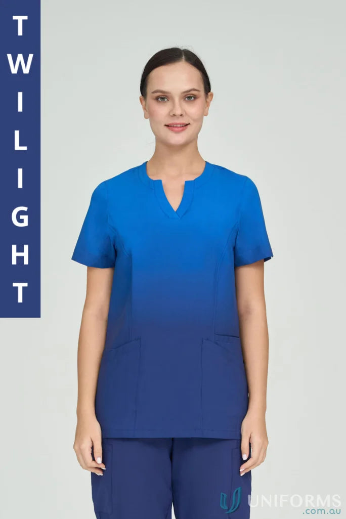 Blue Twilight Ombre Print Scrub Top with Waist Zipper Pocket for Ladies