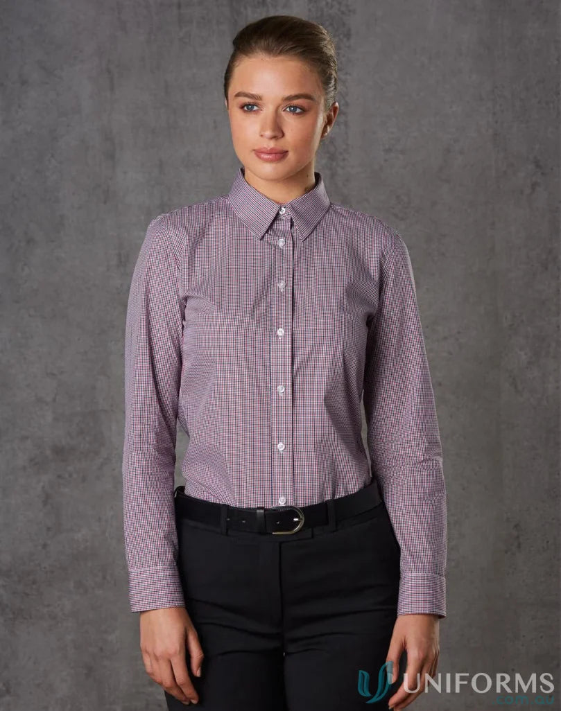 Winning Spirit Ladies mini gingham long-sleeved two tone button-down shirt for women