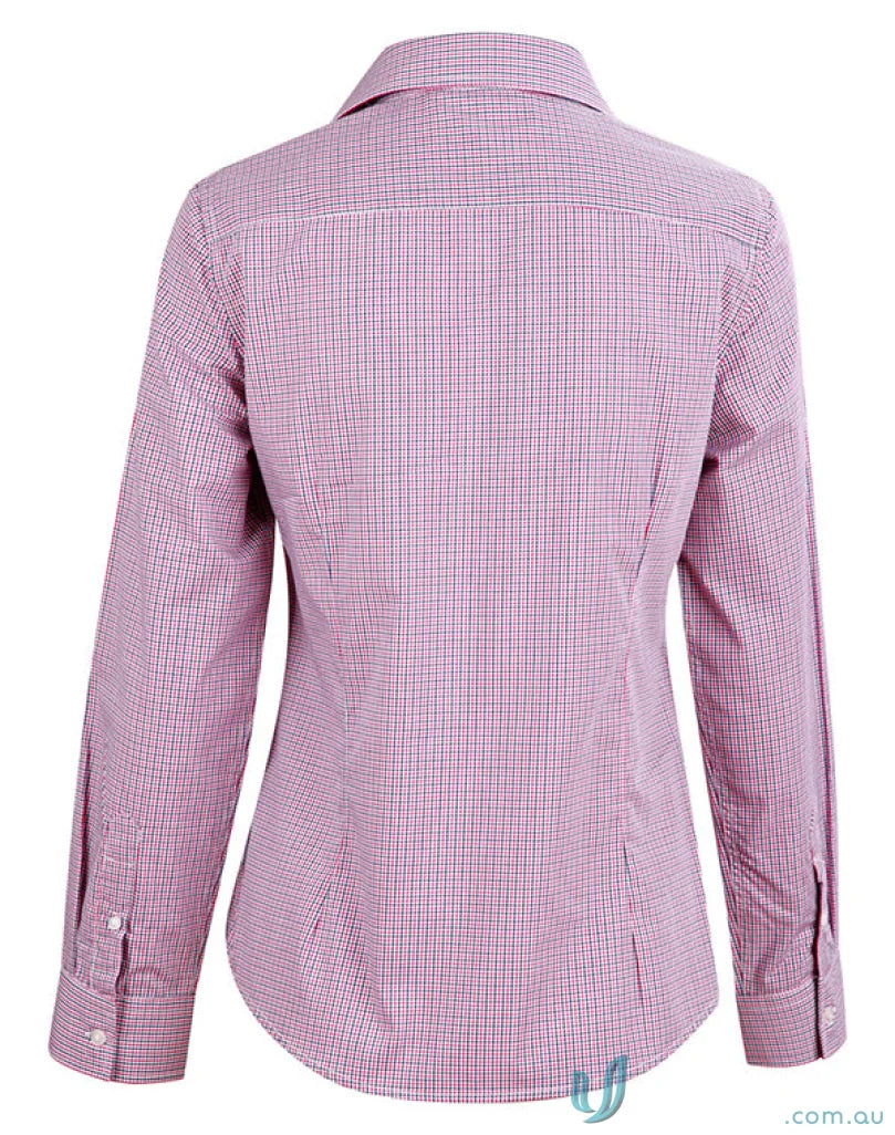 Pink and white checkered mini gingham ladies two tone long sleeve shirt by Winning Spirit Ladies