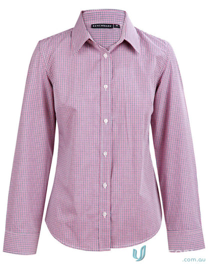 Pink and white checkered mini gingham ladies two tone long sleeve shirt from Winning Spirit Ladies