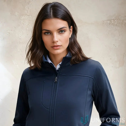 Dark blue Ladies U:Tech SoftShell Jacket with standing collar, perfect women’s softshell style