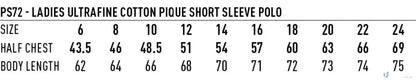 Ladies ultrafine cotton polo size chart for PS72 Ladies Ultrafine Pique shirt
