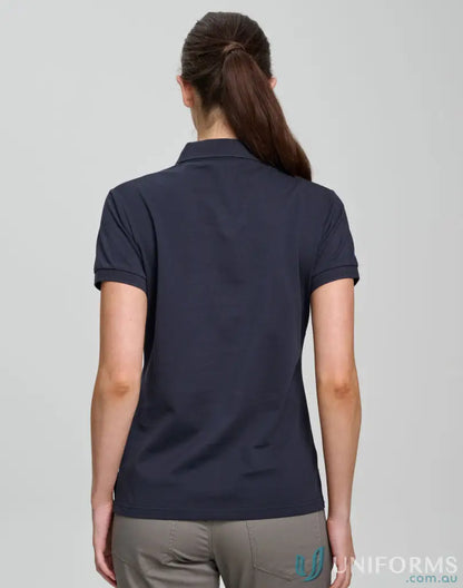 Woman wearing navy ladies ultrafine cotton pique polo shirt from PS72 Ultrafine Cotton Pique collection