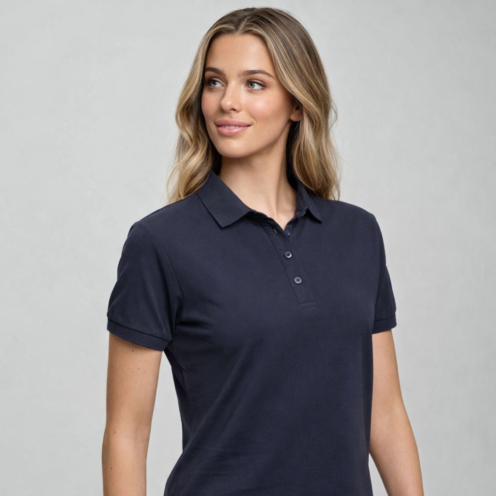 Ladies ultrafine cotton polo: navy blue short-sleeve with collar