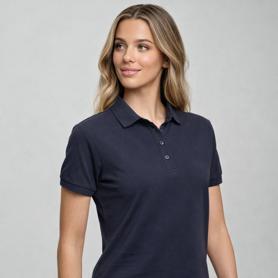 Ladies ultrafine cotton polo: navy blue short-sleeve with collar