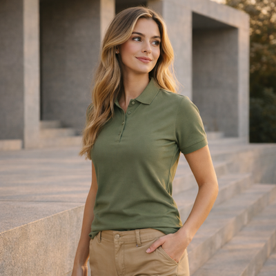 Ladies ultrafine cotton polo in olive green with classic collar