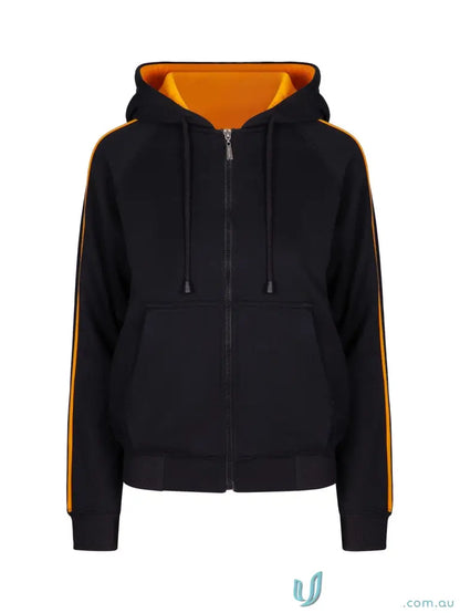 Ladies unbrushed fleece sweater with black zip-up hoodie, orange lining and stripes