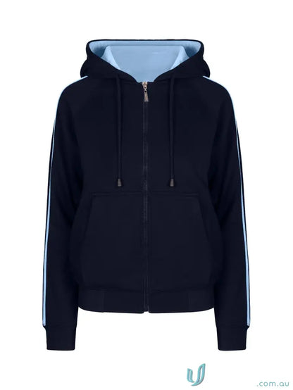 Navy blue unbrushed fleece sweater hoodie with light blue lining and side stripes