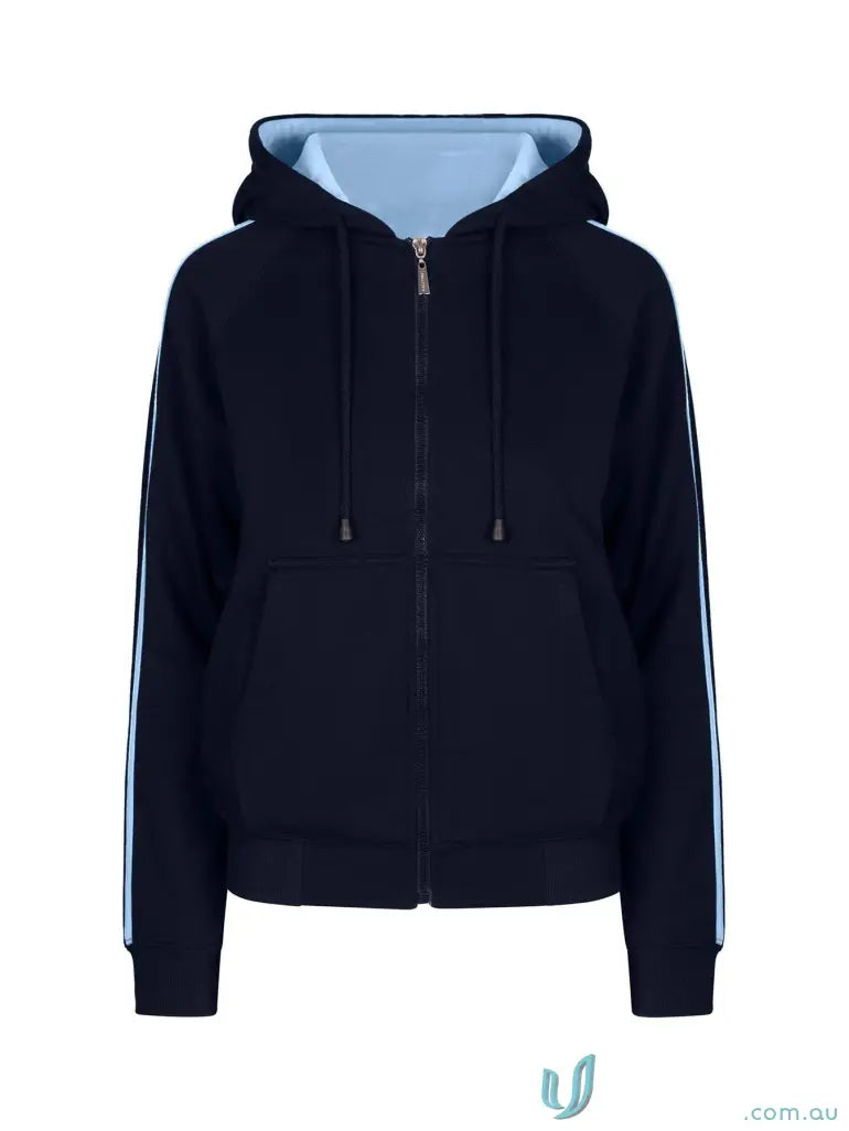 Navy blue unbrushed fleece sweater hoodie with light blue lining and side stripes