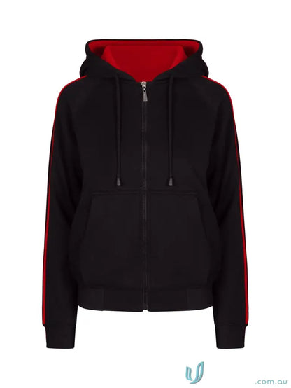 Ladies unbrushed fleece sweater with black zip-up hoodie, red lining, and stripe details