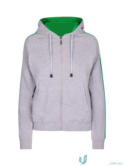 Grey zip-up fleece sweater with green lining and stripes, perfect for cozy unbrushed fleece comfort