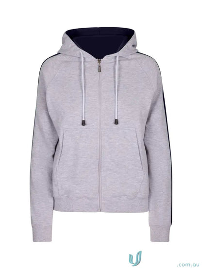 Light gray Ladies Unbrushed Fleece Sweater with navy blue lining and side stripes