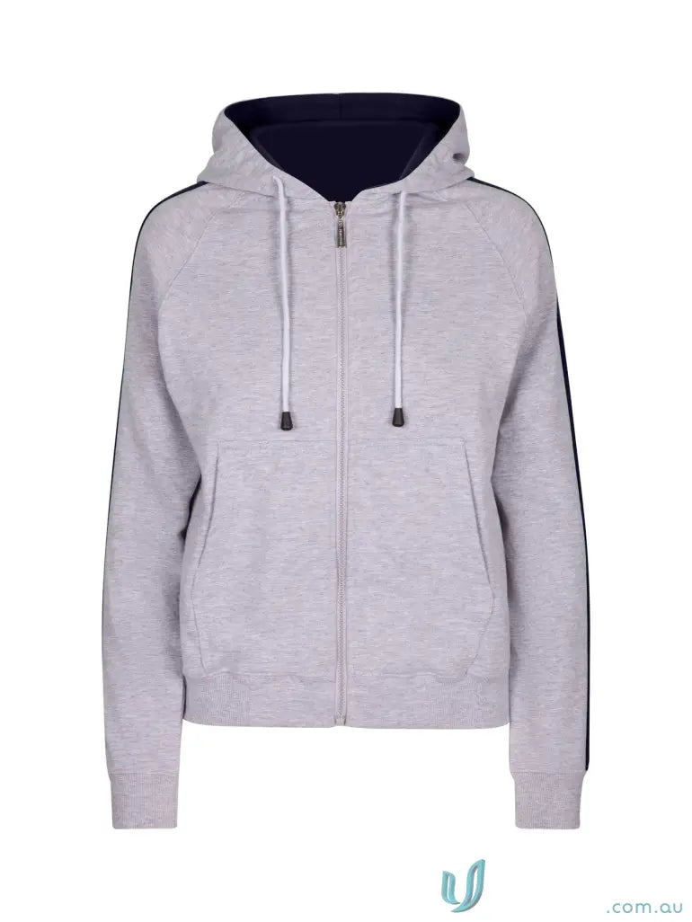 Light gray Ladies Unbrushed Fleece Sweater with navy blue lining and side stripes