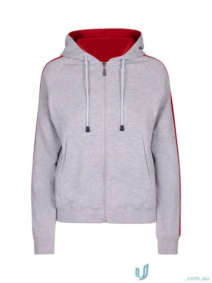 Ladies Unbrushed Fleece Sweater with light grey zip-up hoodie, red lining, and stripes
