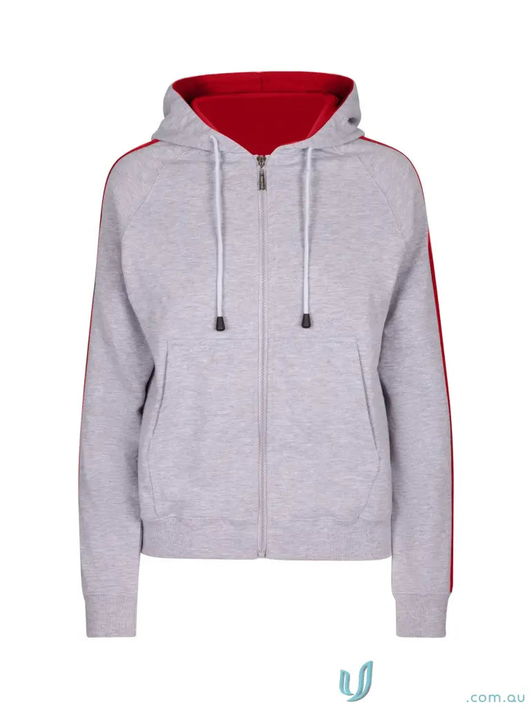 Ladies Unbrushed Fleece Sweater with light grey zip-up hoodie, red lining, and stripes