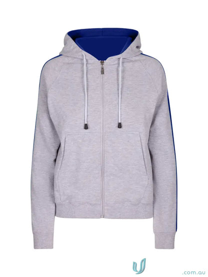 Gray zip-up fleece sweater with blue lining and stripes, perfect unbrushed fleece style