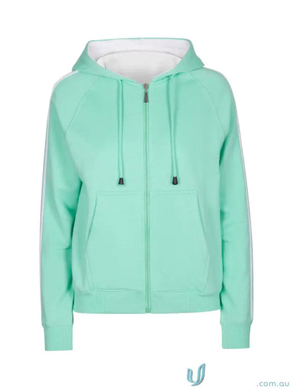 Mint green fleece sweater with white stripe details, perfect unbrushed fleece hoodie for ladies