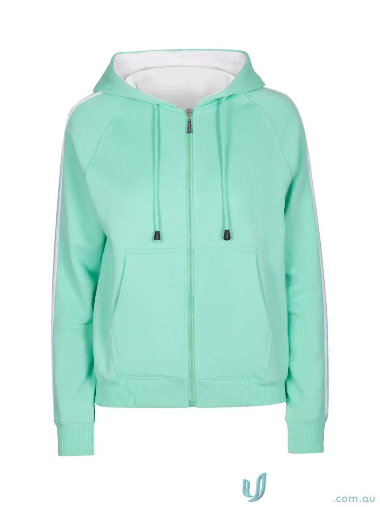 Mint green fleece sweater with white stripe details, perfect unbrushed fleece hoodie for ladies
