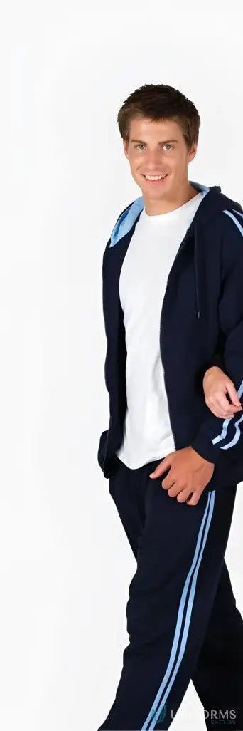 Men’s navy blue fleece sweater with light blue stripes, perfect unbrushed fleece style