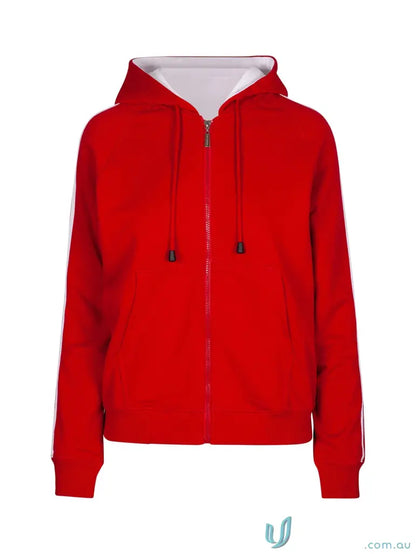 Red full-zip fleece sweater with white interior and stripes, perfect unbrushed fleece style