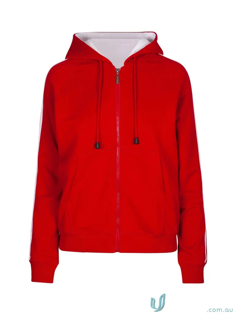 Red full-zip fleece sweater with white interior and stripes, perfect unbrushed fleece style