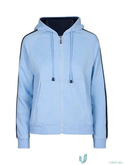 Light blue Ladies Unbrushed Fleece Sweater with dark blue stripe sleeves