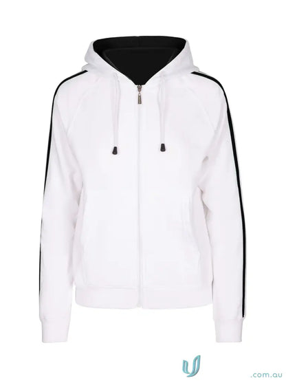 White zipped fleece sweater with black contrasting inner hood and stripe details