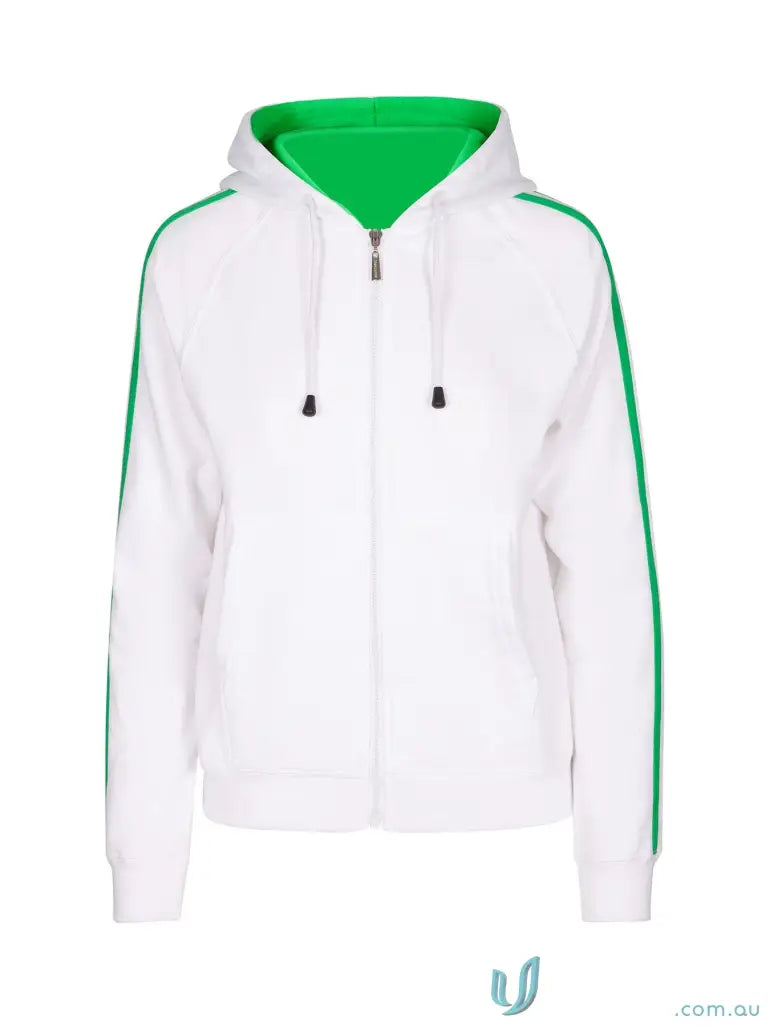 Ladies unbrushed fleece sweater with white zip-up hoodie and green lining and arm stripes