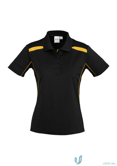 Black and gold ladies united polo shirt made with sports interlock fabric from Biz Collection Ladies