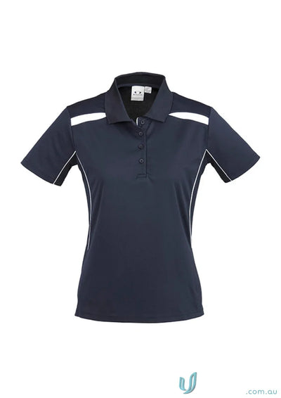 Ladies United Polo in navy blue with white accents, made from comfy sports interlock fabric