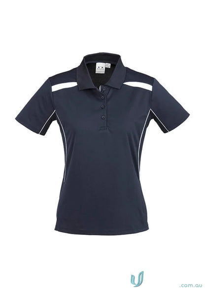 Ladies United Polo in navy blue with white accents, made from comfy sports interlock fabric