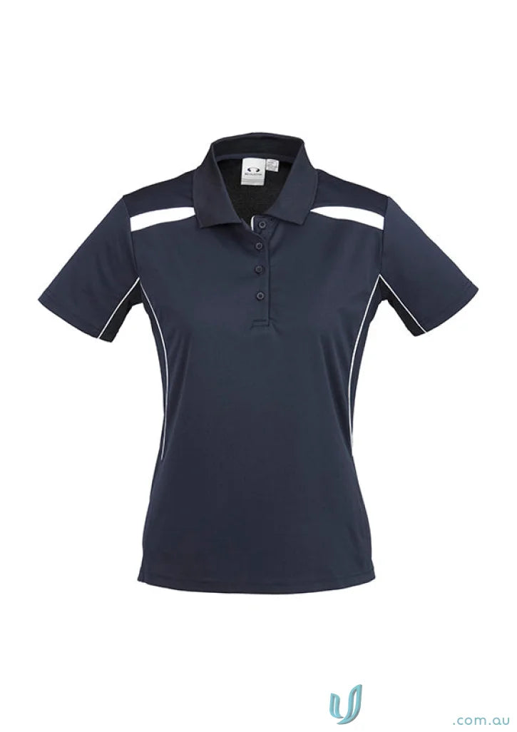 Ladies United Polo in navy blue with white accents, made from comfy sports interlock fabric