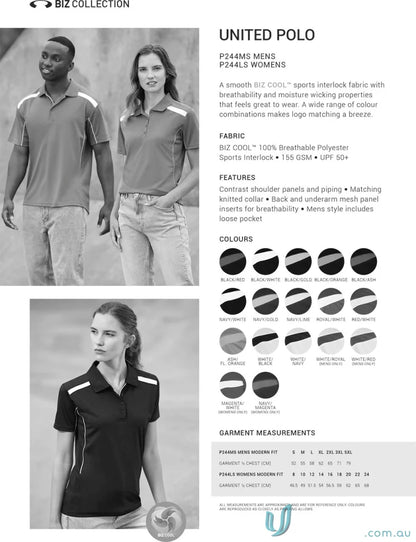Ladies United Polo with color options and size chart in sports interlock fabric