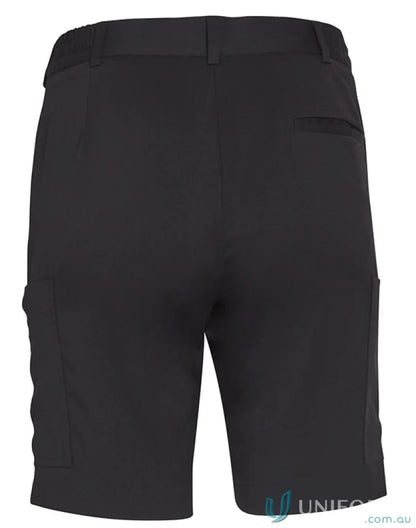 Black men’s cargo shorts with belt loops and side pockets, perfect for ladies utility cargo style
