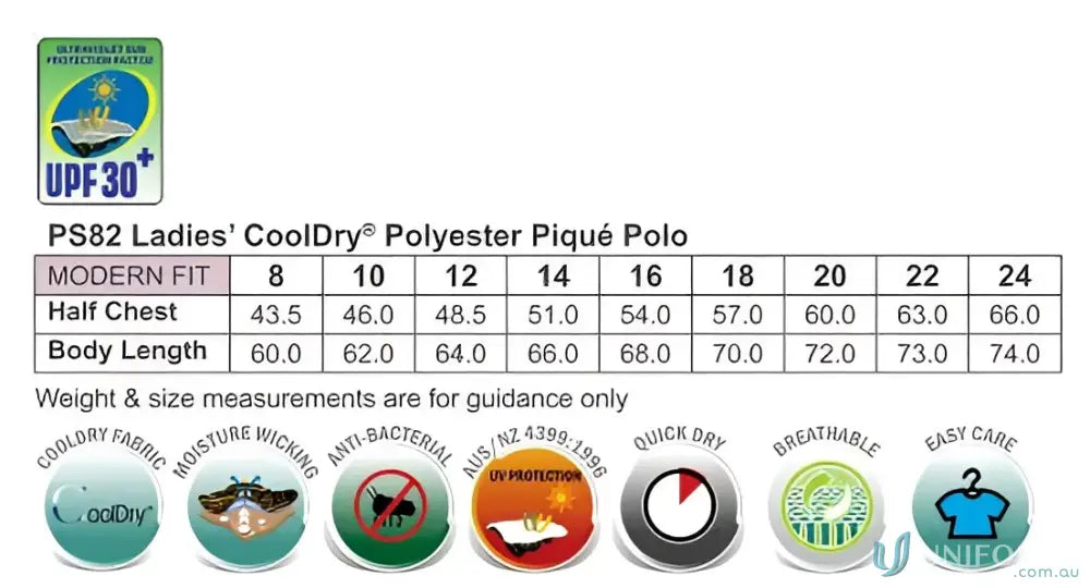Size chart and features of Ladies Verve Polo with UPF 30+ sun protection and cooldry® polyester mini