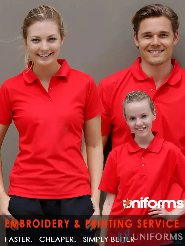 Three people modeling red Ladies Verve Polo made with cooldry® polyester mini fabric