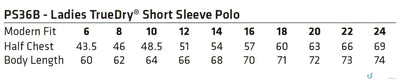 Ladies Victory LS Polo size chart with truedry® mesh fabric and natural cotton backing