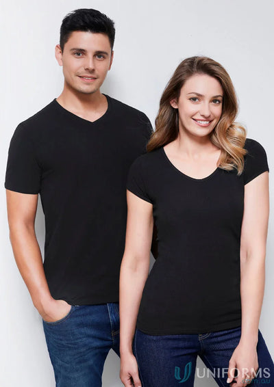 Two ladies wearing black V-neck shirts and jeans showcasing the Ladies Viva Tee from Biz Collection Ladies