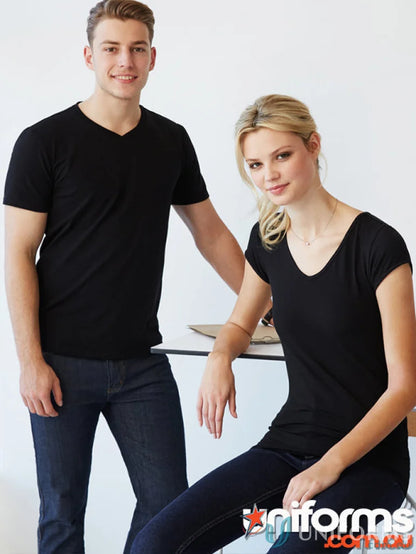 Two people wearing black V-neck shirts and dark jeans in Ladies Viva Tee product shot