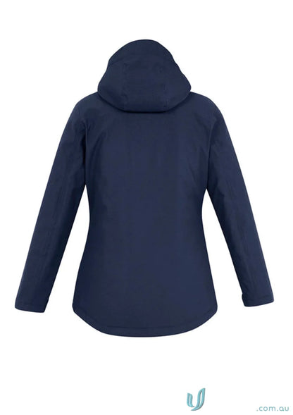 Ladies Waterproof Eclipse Jacket with dark blue color, long sleeves, waterproof zippered pockets, and detachable hood