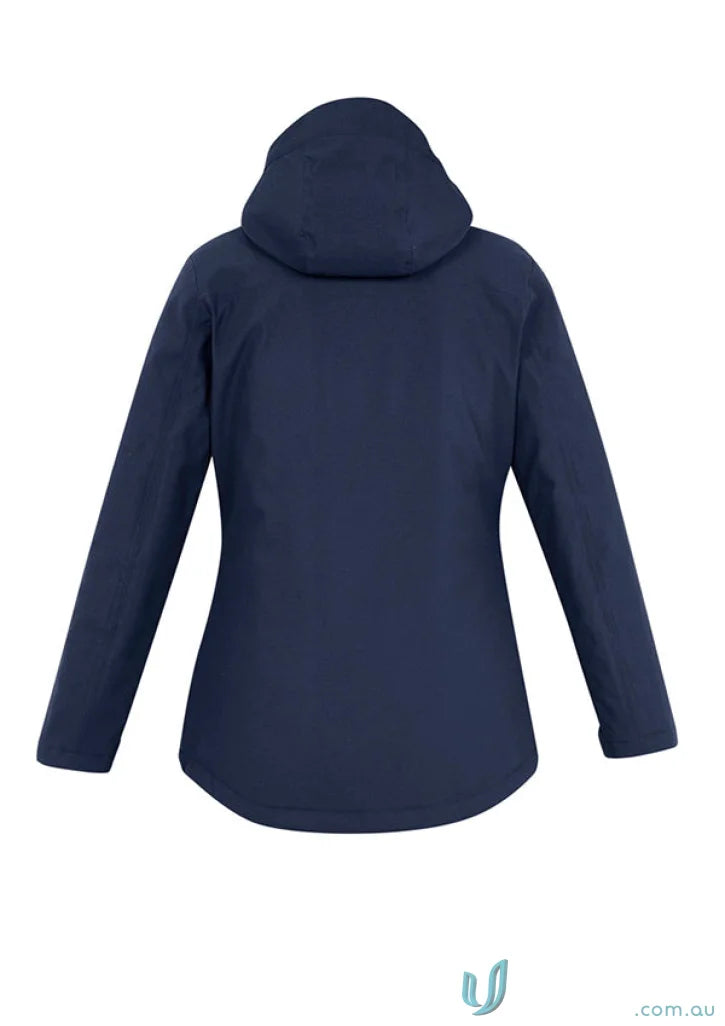 Ladies Waterproof Eclipse Jacket with dark blue color, long sleeves, waterproof zippered pockets, and detachable hood