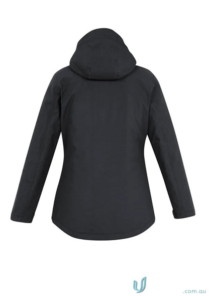 Ladies Eclipse Jacket in dark gray with waterproof zippered pockets and detachable hood