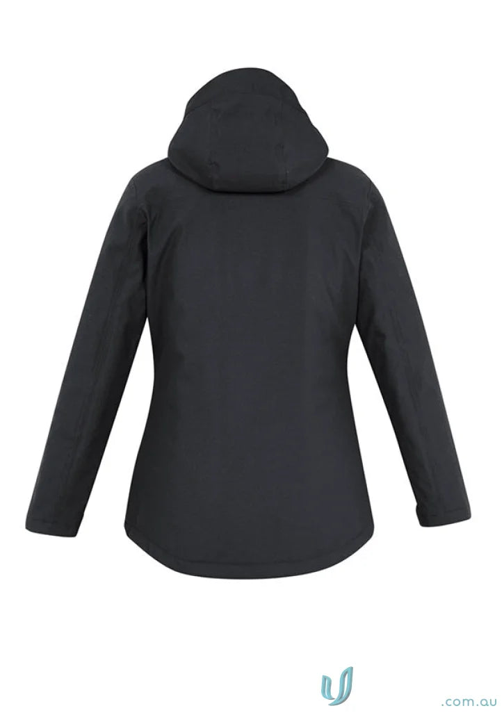 Ladies Eclipse Jacket in dark gray with waterproof zippered pockets and detachable hood