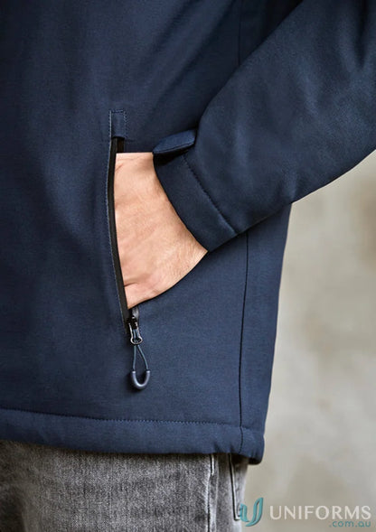 Ladies Waterproof Eclipse Jacket with navy blue waterproof zippered pockets and detachable hood