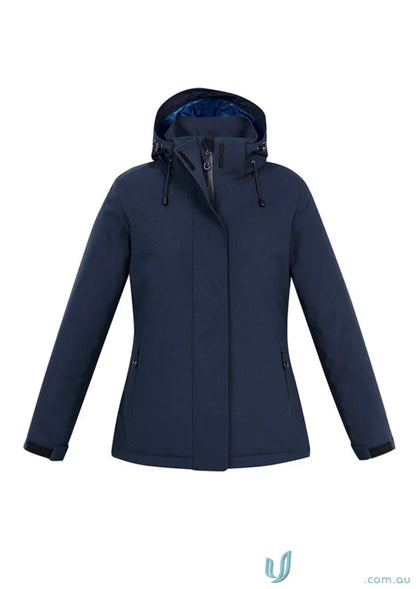 Ladies Eclipse Jacket in dark blue with waterproof zippered pockets and detachable hood