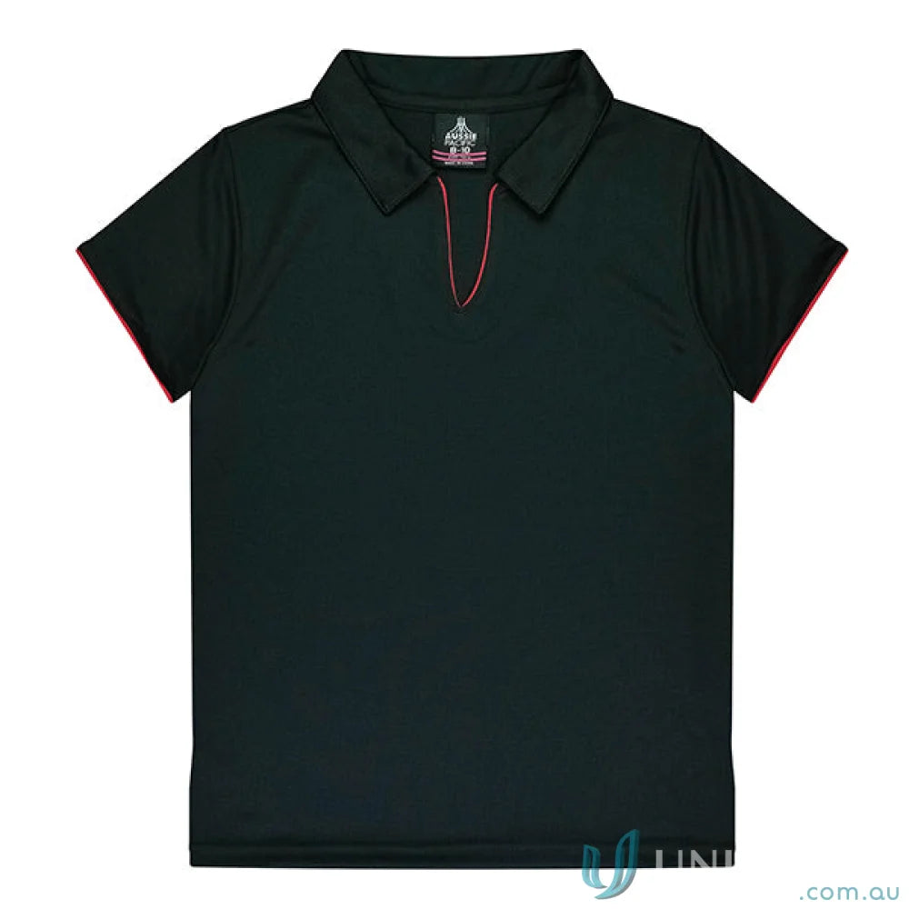 Ladies Yarra Polo in black fabric with pink trim for uniforms and workwear