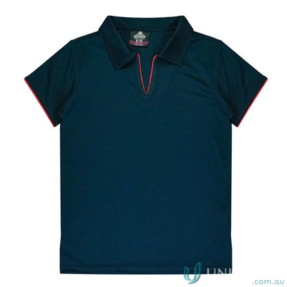 Ladies Yarra Polo in dark blue with pink trim, perfect for uniforms and workwear