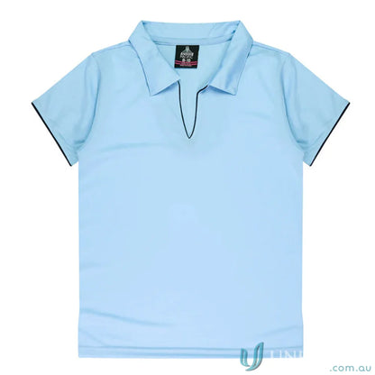 Light blue Ladies Yarra Polo shirt with dark trim, perfect for workwear or uniforms